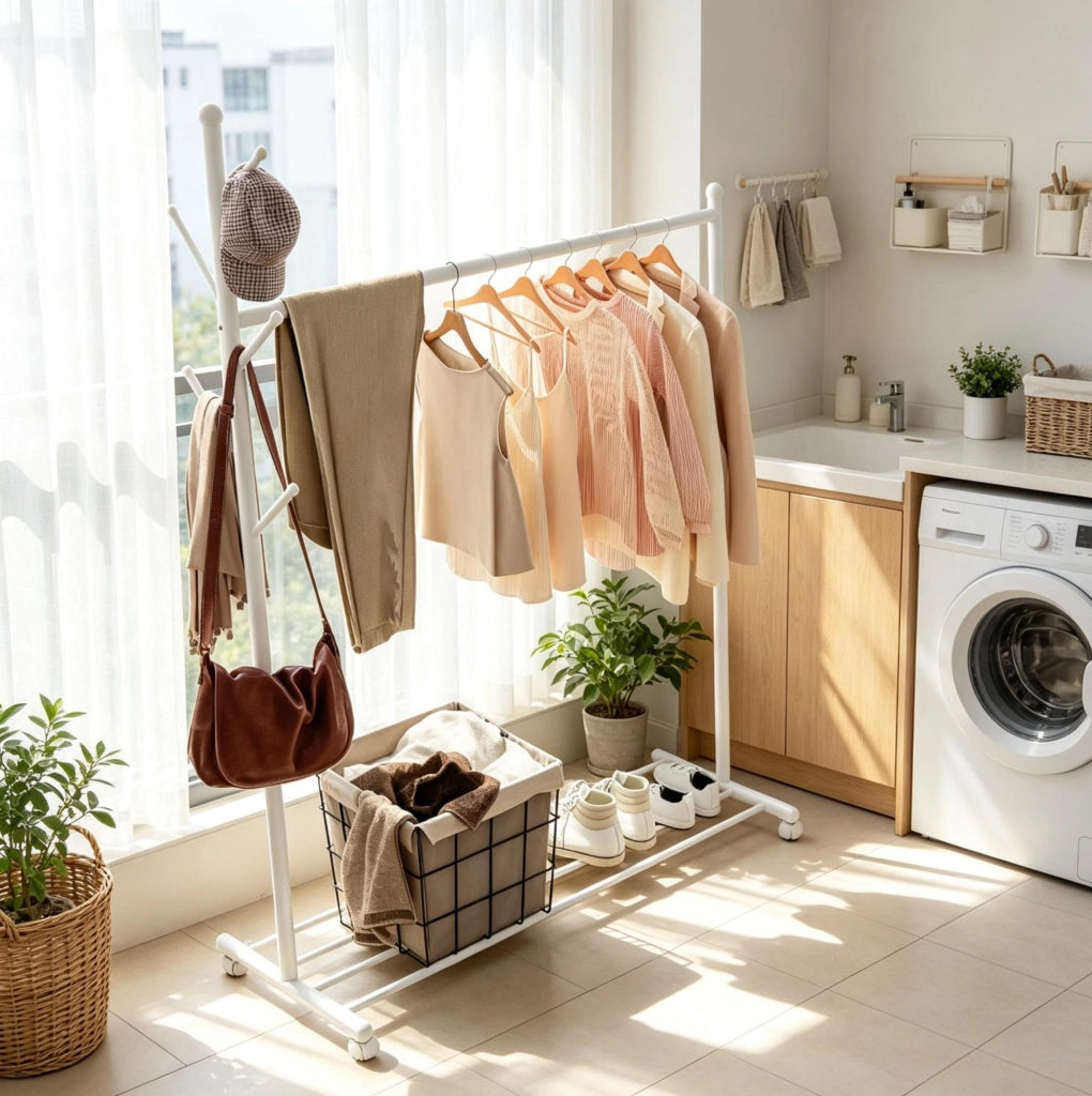 Appendiabiti mobile bianco con ruote, 5 ganci e porta scarpe in metallo 120x43x171 cm