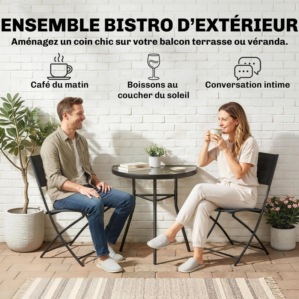 Set Bistrot Esterno 3 Pezzi ¨C zephmum ¨C Nero con Tavolo Vetro Semicircolare e Sedie Pieghevoli