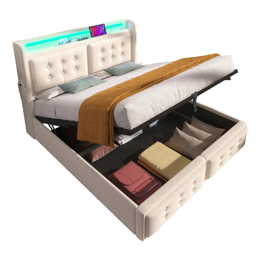 Letto imbottito 140x200 con testiera LED, prese USB e contenitore, Beige