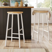 Set di 2 sgabelli da bar bianchi in MDF e metallo, altezza 63 cm