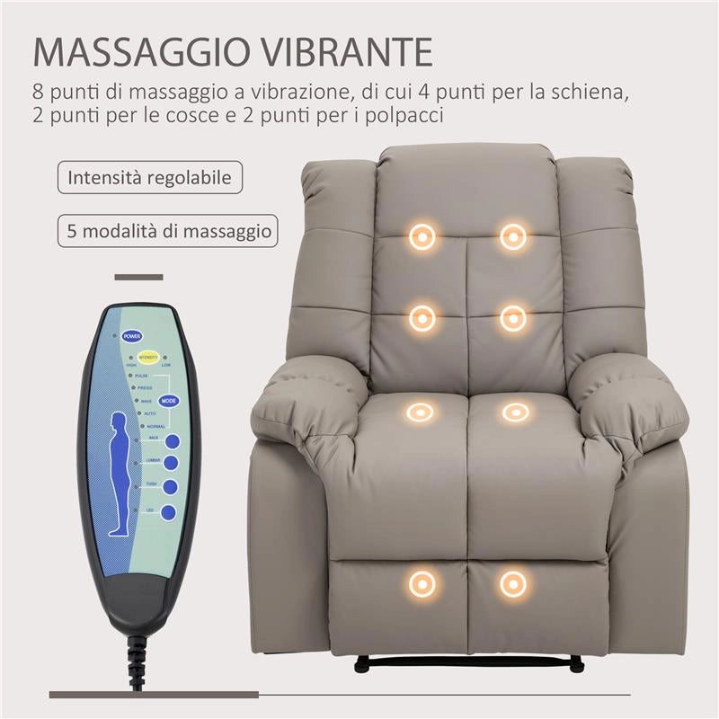 POLTRONA RELAX CON 8 PUNTI MASSAGGIO E RECLINAZIONE A 165° IN FINTA PELLE, GRIGIO