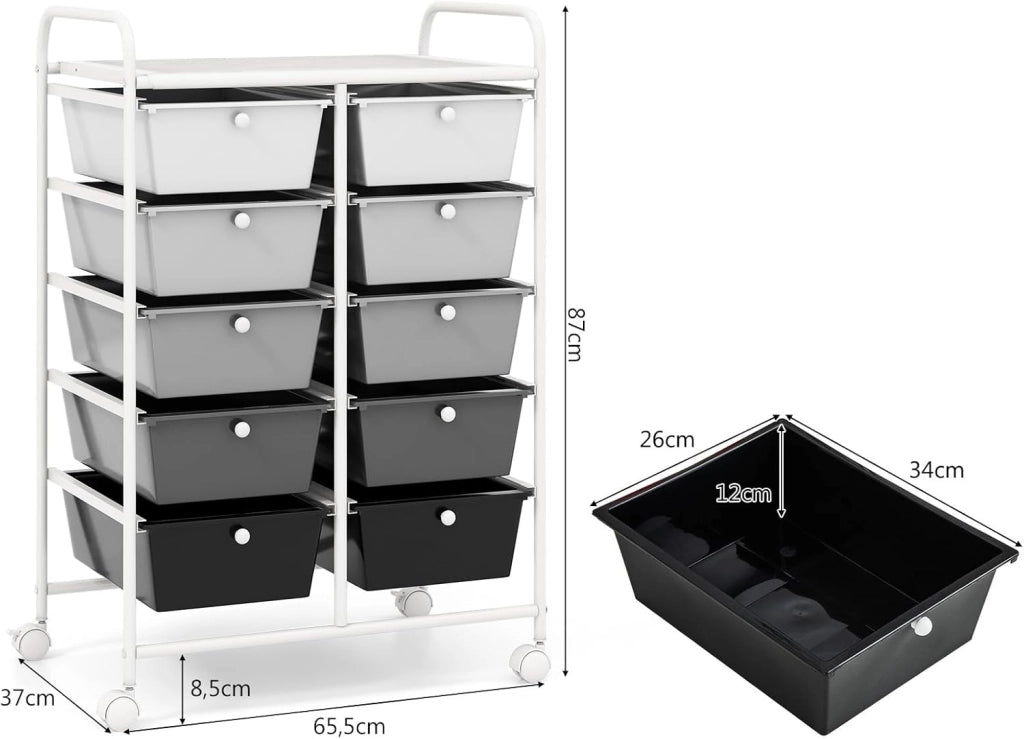 Carrello con 10 cassetti, impilabile, carrello per cassetti, carrello da cucina con ruote bloccabili, carrello per cucina, bagno, ufficio, 65,5 x 37 x 87 cm, grigio scuro e nero