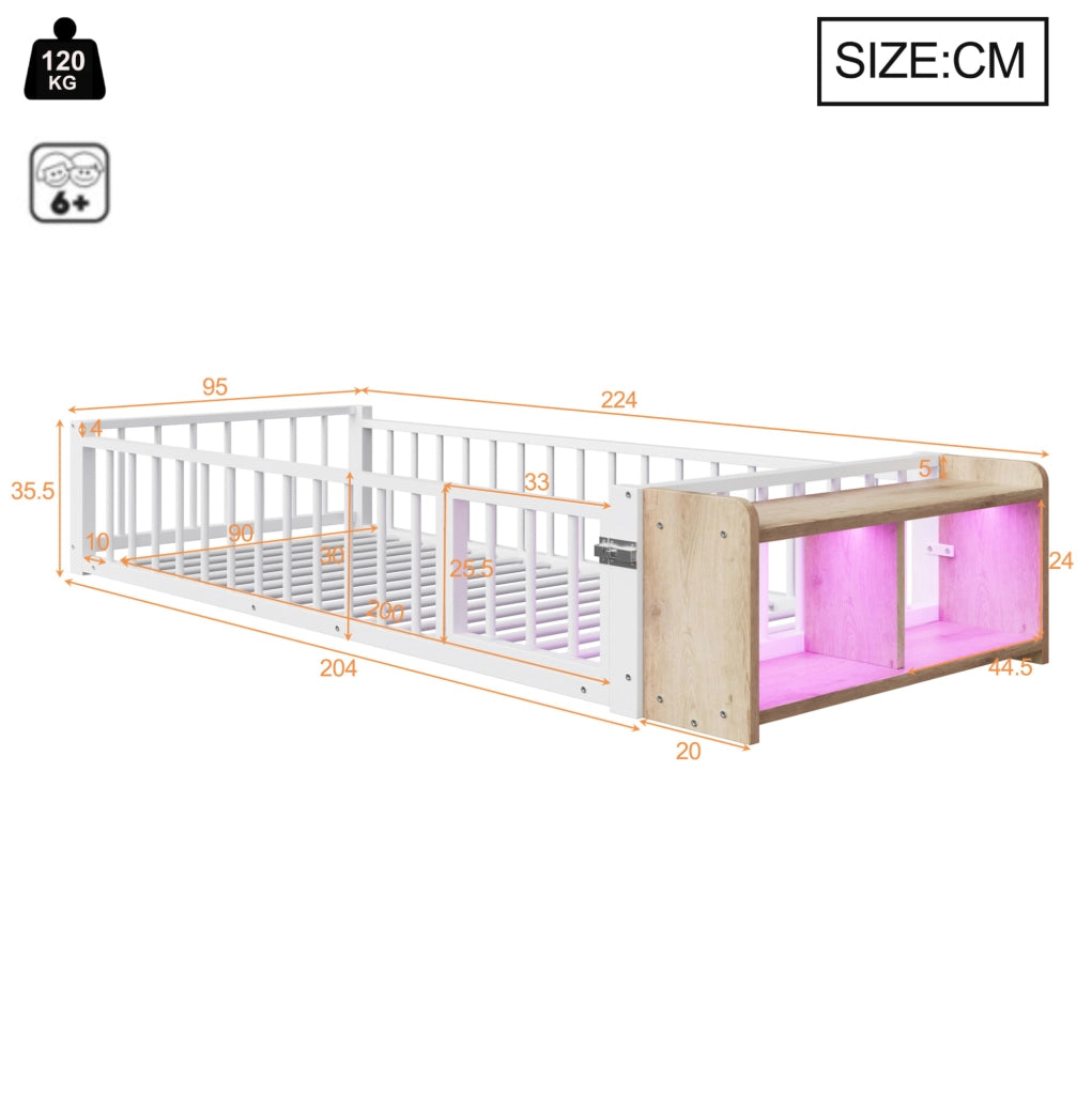 Letto singolo 90x200 cm con protezione laterale; ripiano aperto e LED; bianco in metallo e MDF