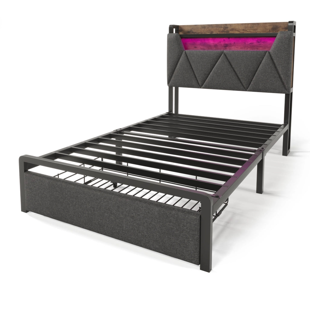 Letto singolo 90x200 con testiera contenitore, LED, porte USB e cassetti, grigio