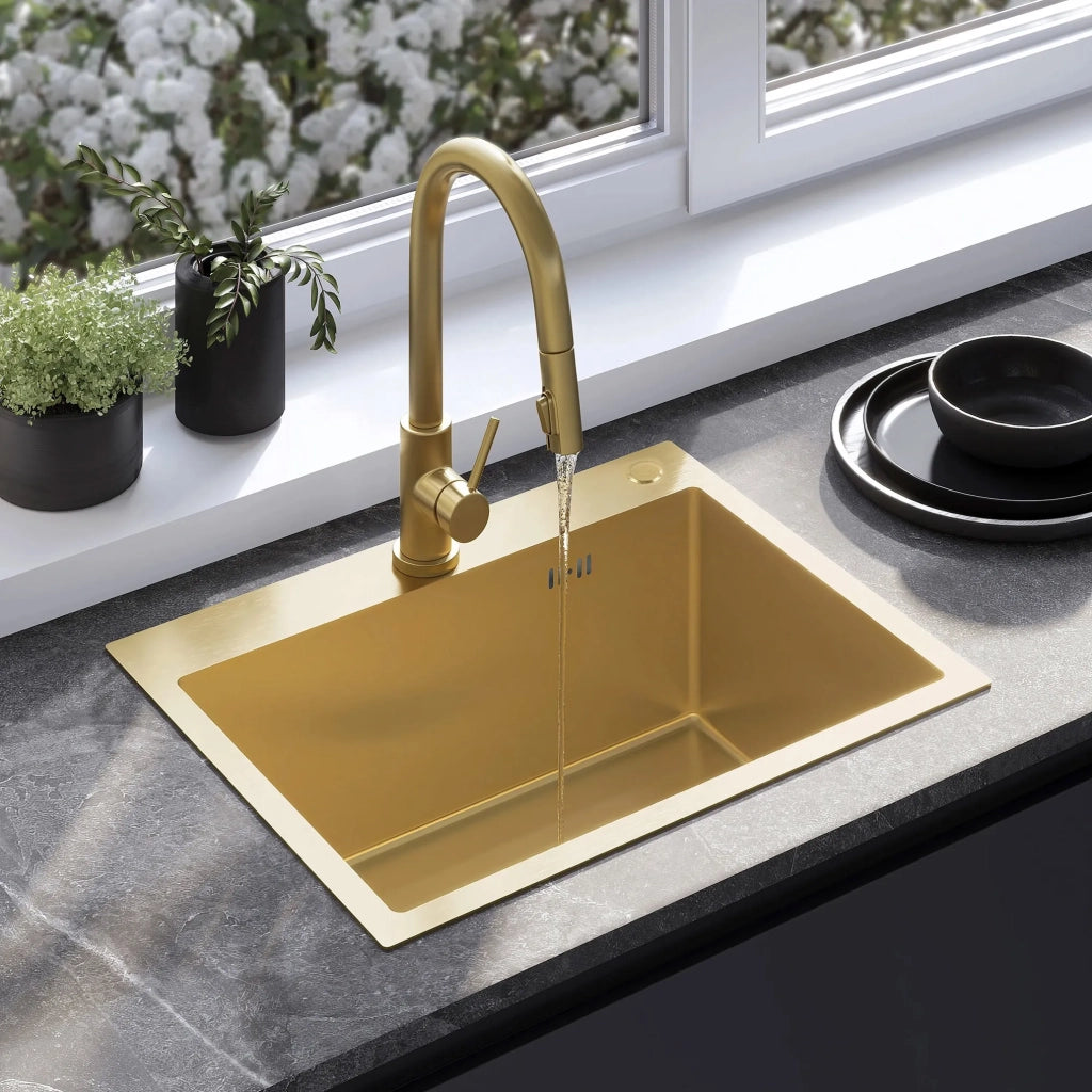 Lavello In Acciaio Con Set Di Accessori 3 Pz. Rea Liam Brush Gold Accessori beige