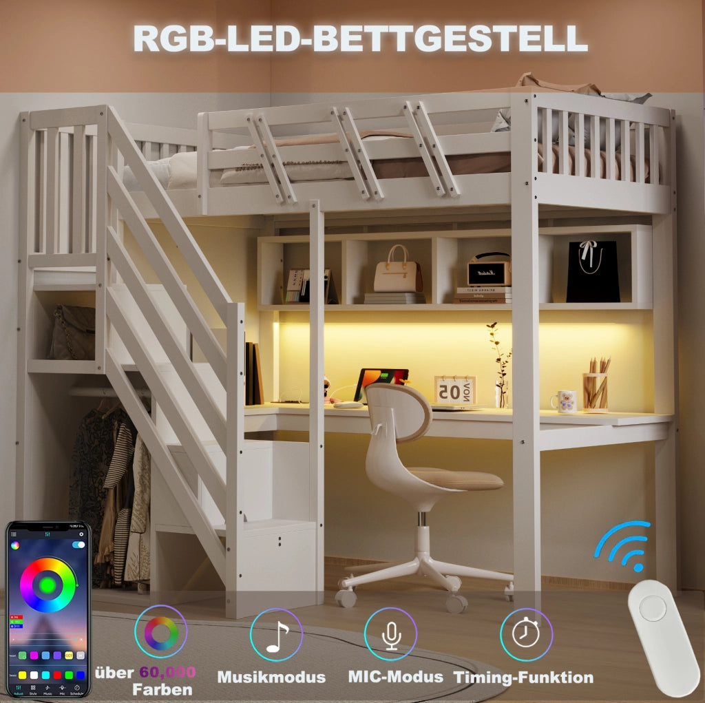 Letto a soppalco 90x200 cm con scrivania; scala contenitore e LED; bianco