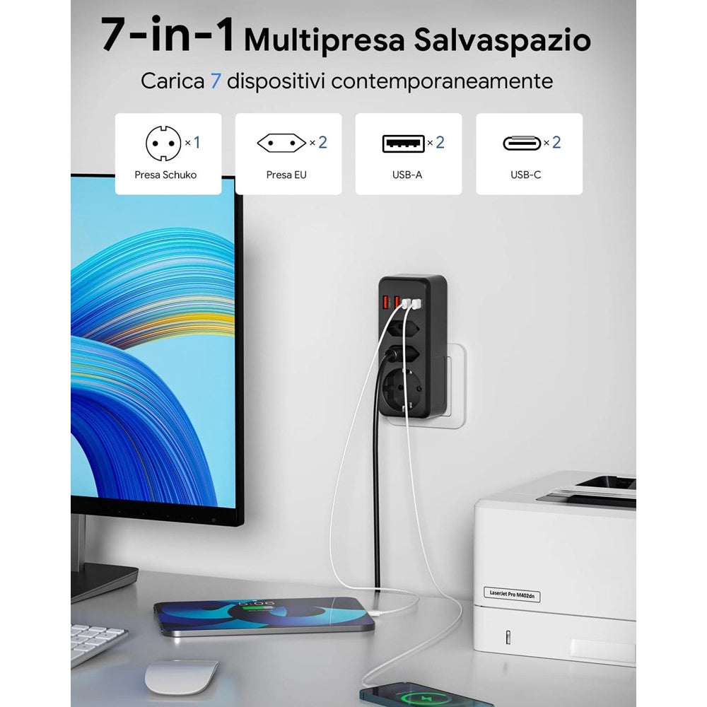 Trade Shop - Multipresa Da Parete Multipla 7in1 Con 4 Usb 1 Schuko 2 Spine Eu 3500w Salvaspazio Q-cz3500 -