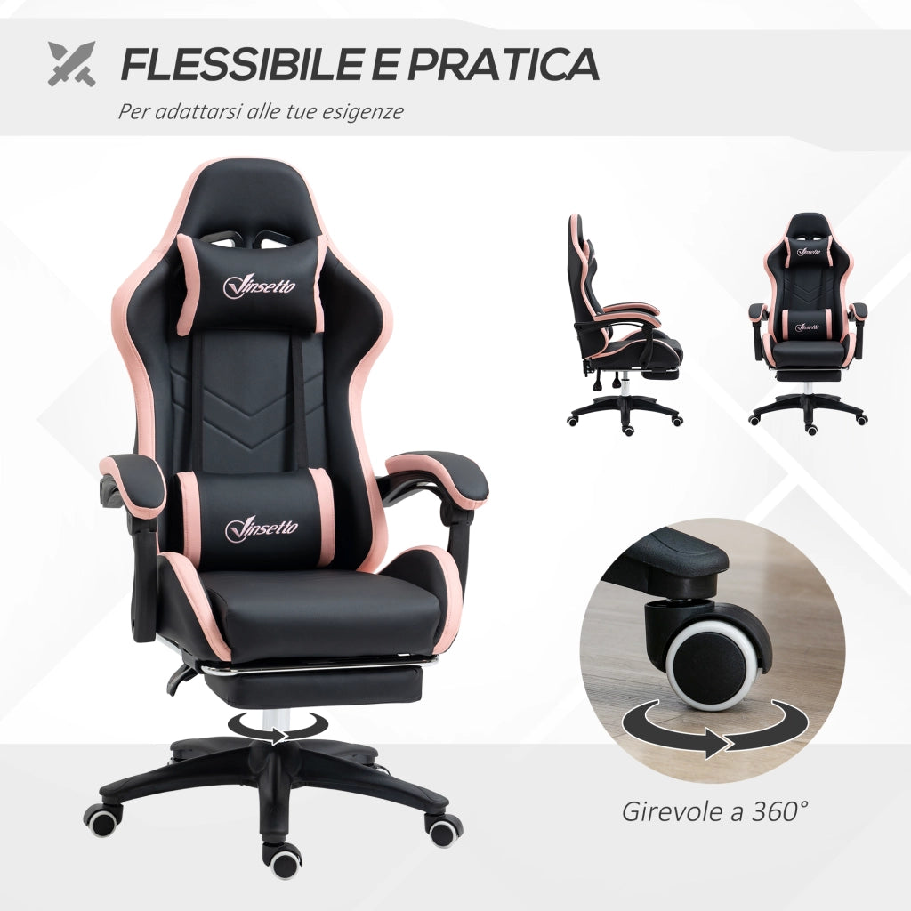 Sedia da Gaming ad Altezza Regolabile con Poggiatesta, 65x65x121-129 cm, Rosa e Nero