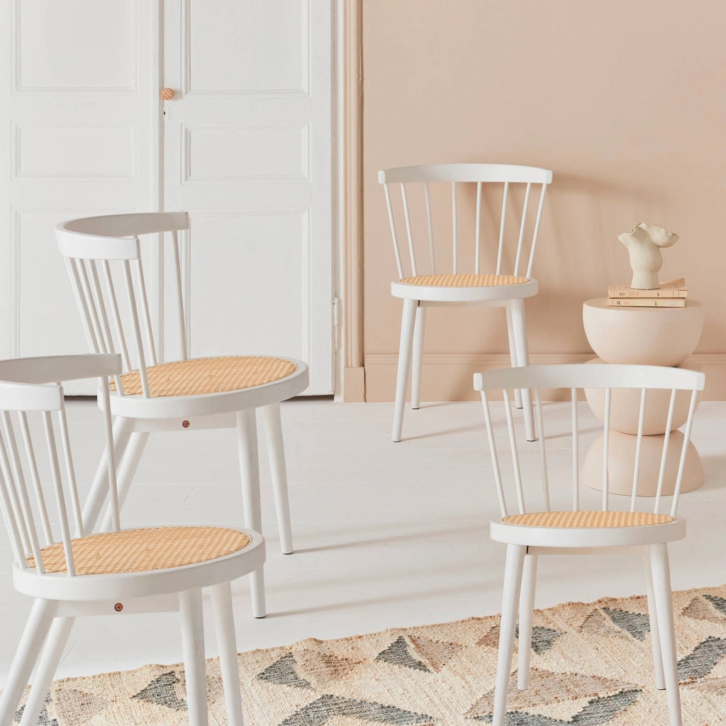 Set di 4 sedie in legno e paglia, bianco