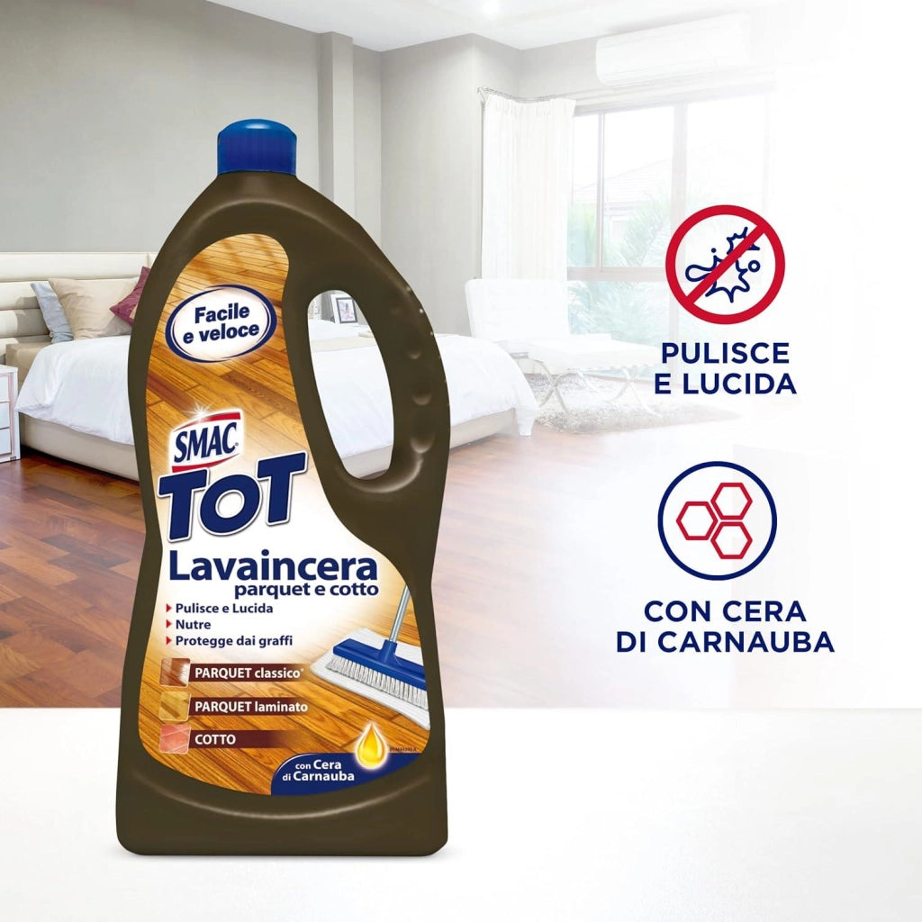 SMAC DETERGENTE PAVIMENTI LAVAINCERA PARQUET E COTTO CON CERA DI CARNAUBA AZIONE LUCIDANTE E PROTETTIVA 1000 ML