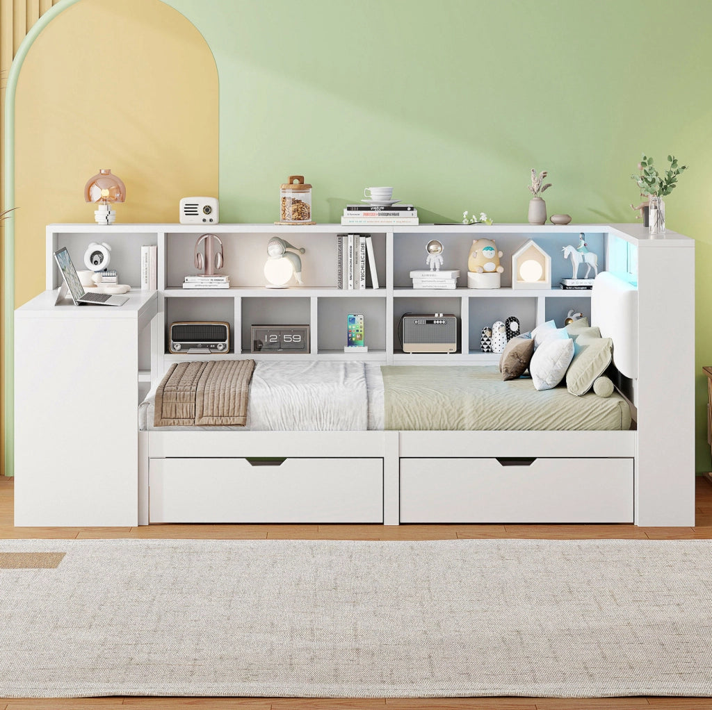 Letto a piattaforma 90x200 cm con scrivania; libreria e LED bianco
