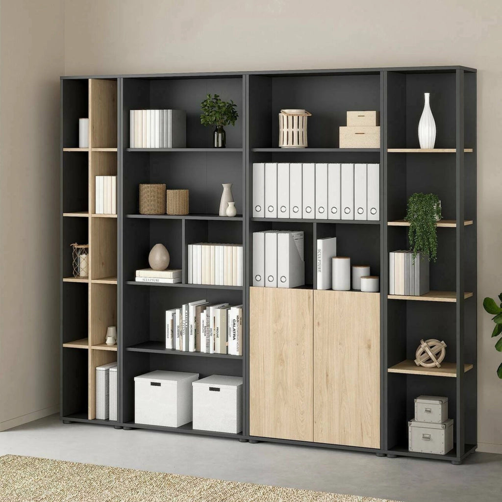 Parete attrezzata Litvjak, Composizione soggiorno, Mobile salotto multiuso, Armadio porta TV, 241x34 h205 cm, Rovere e Grigio