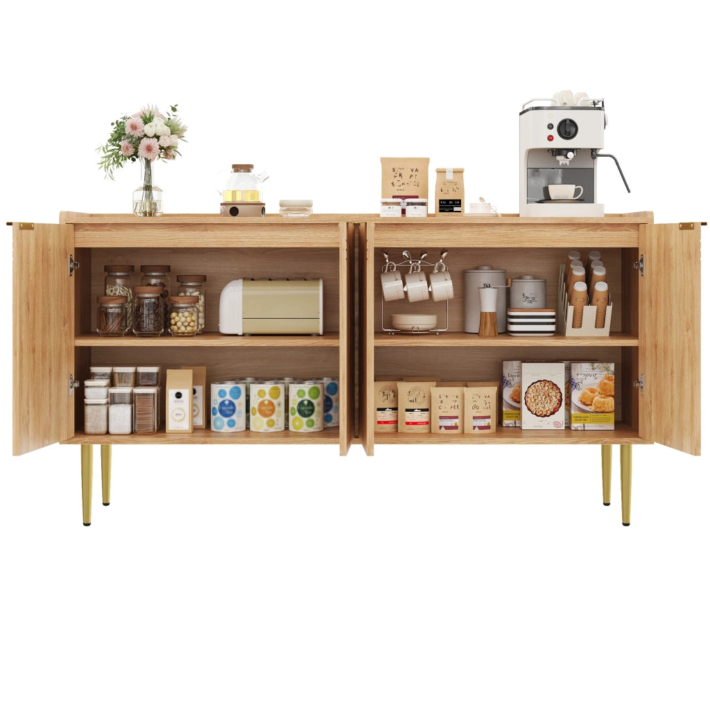 Credenza con 4 Ante e Ripiani Regolabili; Gambe in Metallo Dorato; Stile Moderno; in MDF; Naturale; 140??38??75 cm