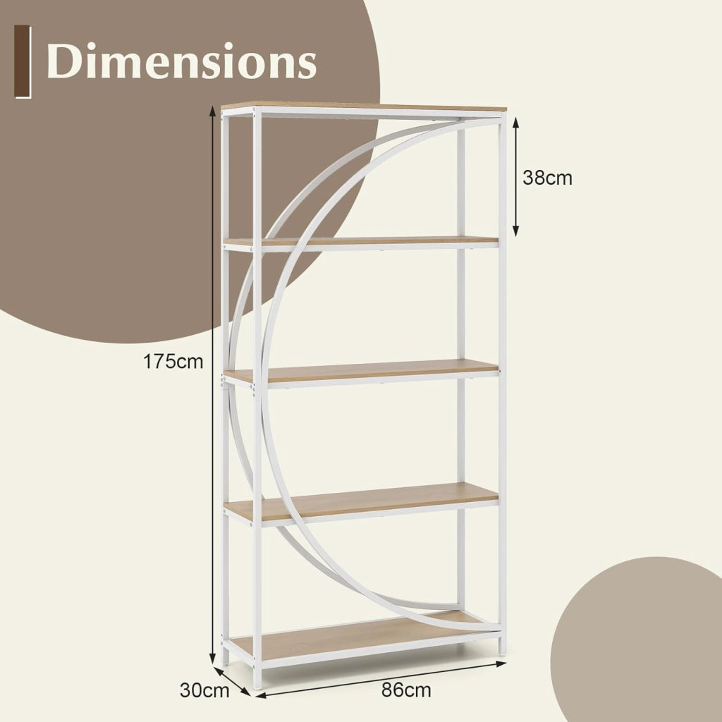 Libreria a 5 piani autoportante con 5 ripiani aperti, scaffale da esposizione industriale con design a mezzaluna per casa e ufficio, 86 x 30 x 175 cm (naturale)
