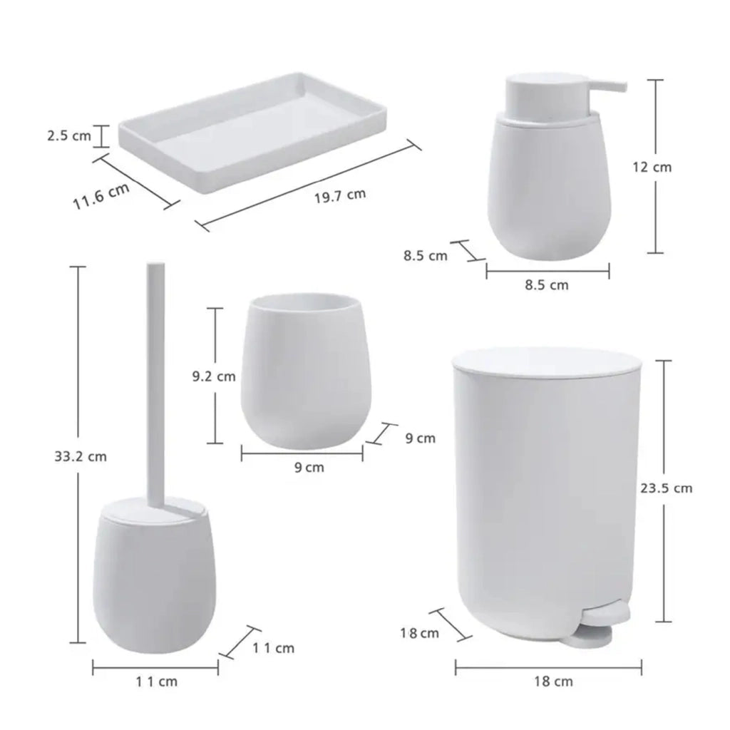 Set Accessori Bagno 6 Pezzi in ABS Completo Pattumiera con Pedale, Scopino WC, Dispenser Sapone, Porta Spazzolini, Bicchiere e Vassoio Antiscivolo Design Moderno e Resistente Bianco