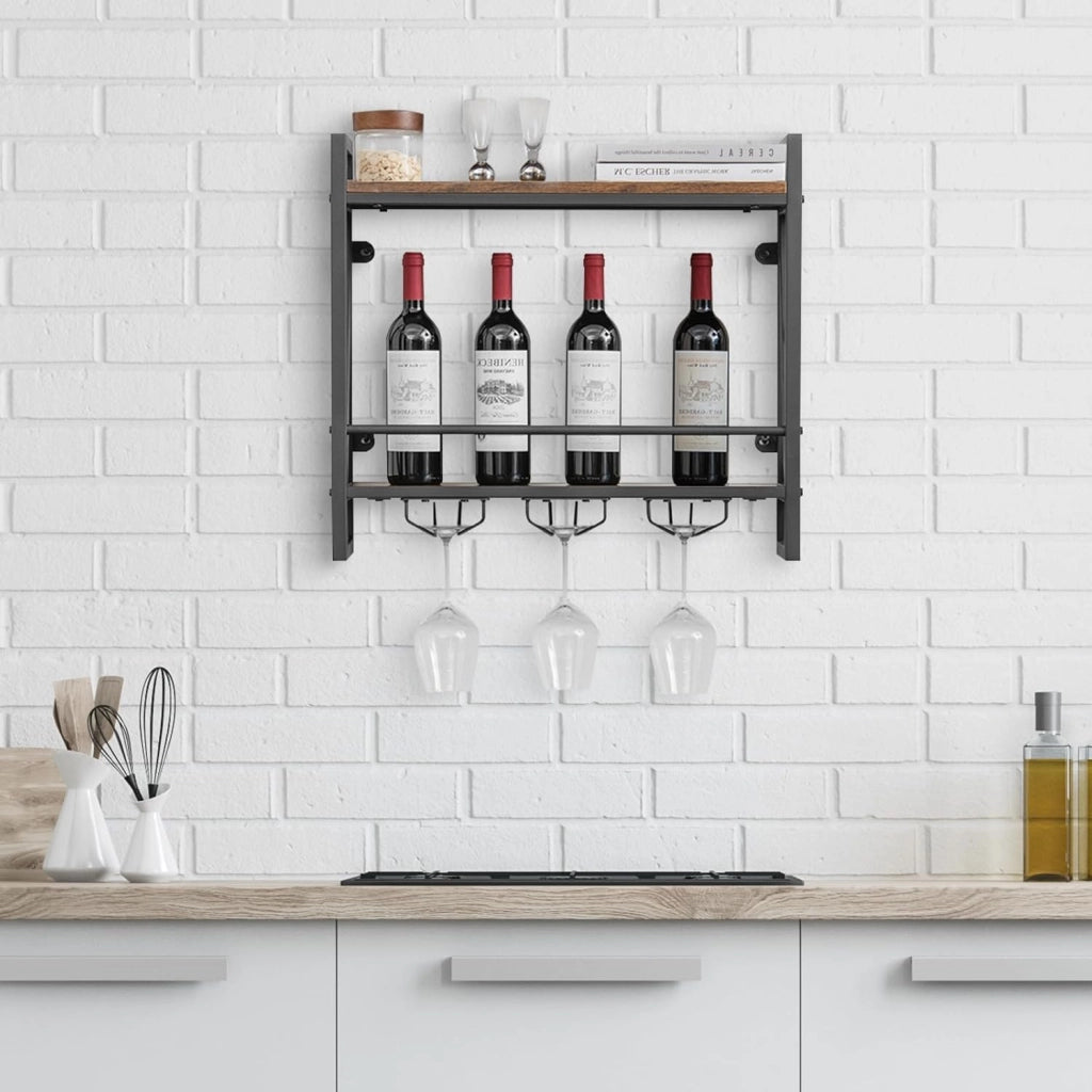 Scaffale per Vino da Parete, Portabottiglie da Parete a 2 Livelli con Supporto in Vetro, Portabottiglie da Vino per Cucina, Casa, 60x20x55 cm