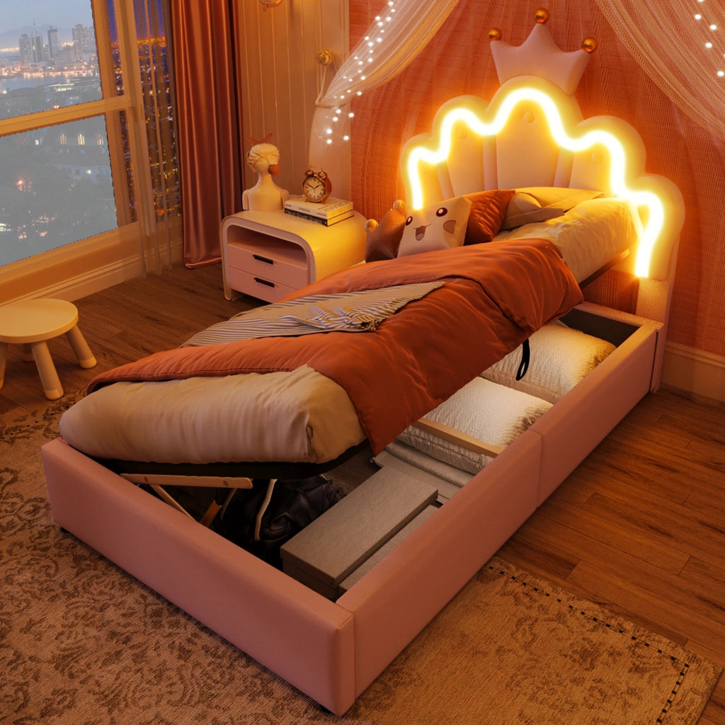 LETTO imbottito 90x200 cm con testiera regolabile, LED, PU rosa