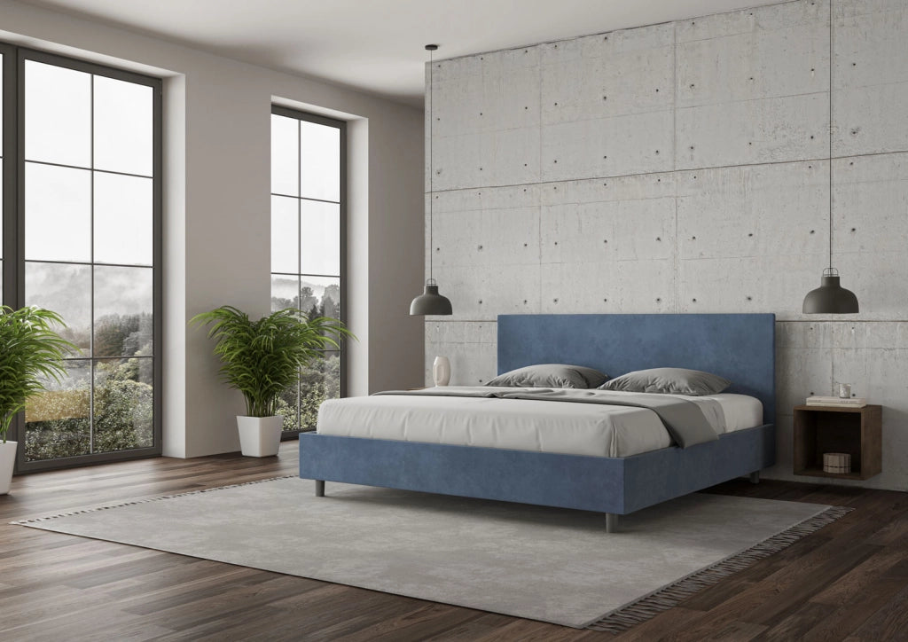 BS COM Letto matrimoniale king size contenitore imbottito 190x210 microfibra blu