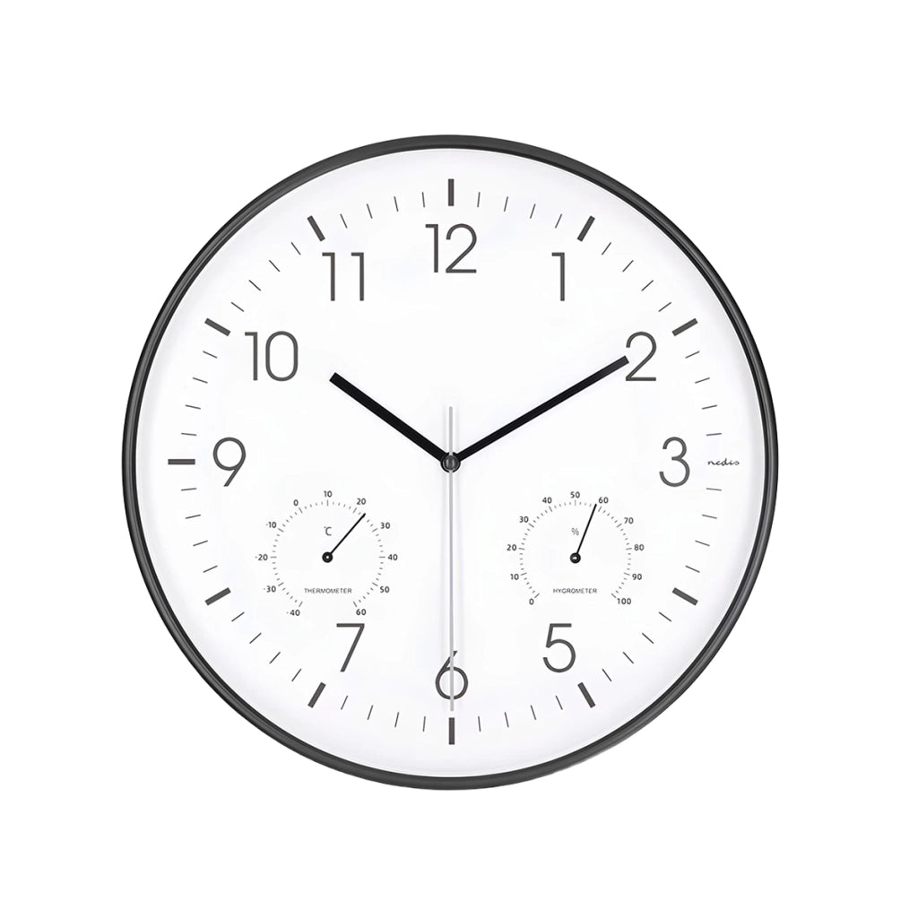 Orologio da Parete 30 cm con Termometro Igrometro Movimento Silenzioso Bianco / Nero Nedis