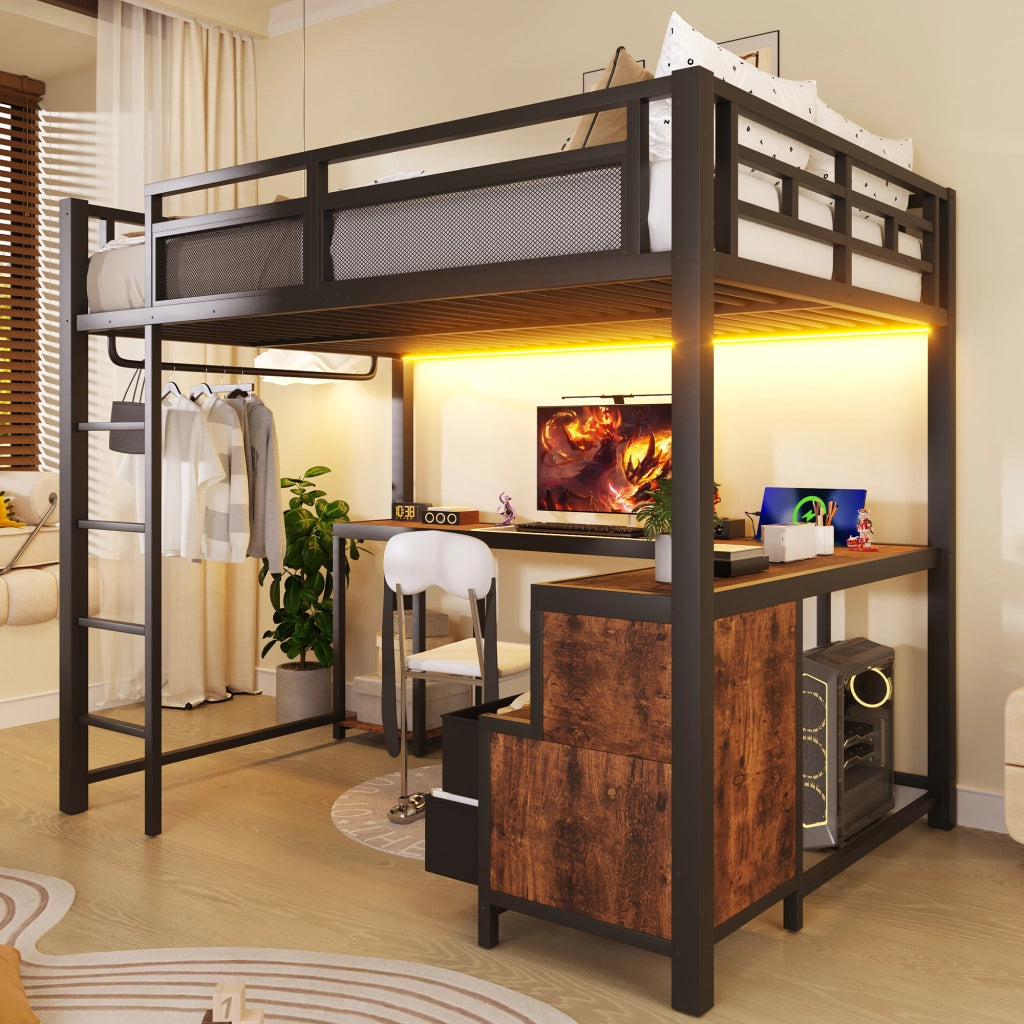 LETTO a soppalco 140x200 cm in metallo nero con scrivania, ripiani e barra appendiabiti