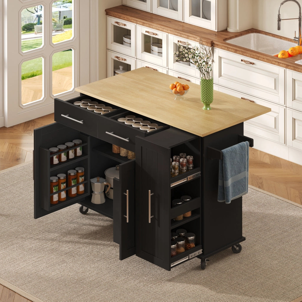 Isola da cucina mobile con piano pieghevole, organizer estraibile a 3 livelli, 2 cassetti e ruote