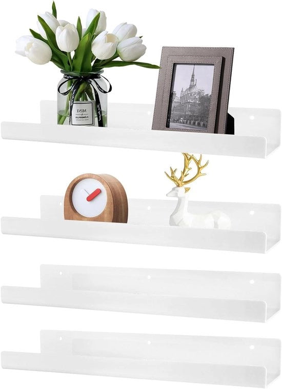 Pannelli di parete in acrilato oscillanti - Set da 4, 38 cm di lunghezza - Bianchi - Senza foratura - Per bagno, cucina, ufficio e salotto - Cornice per foto e libreria