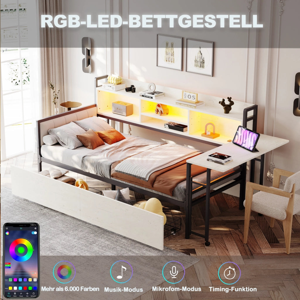 LETTO Multifunzionale 90x200 cm Metallo Bianco con Scrivania e Cassetti