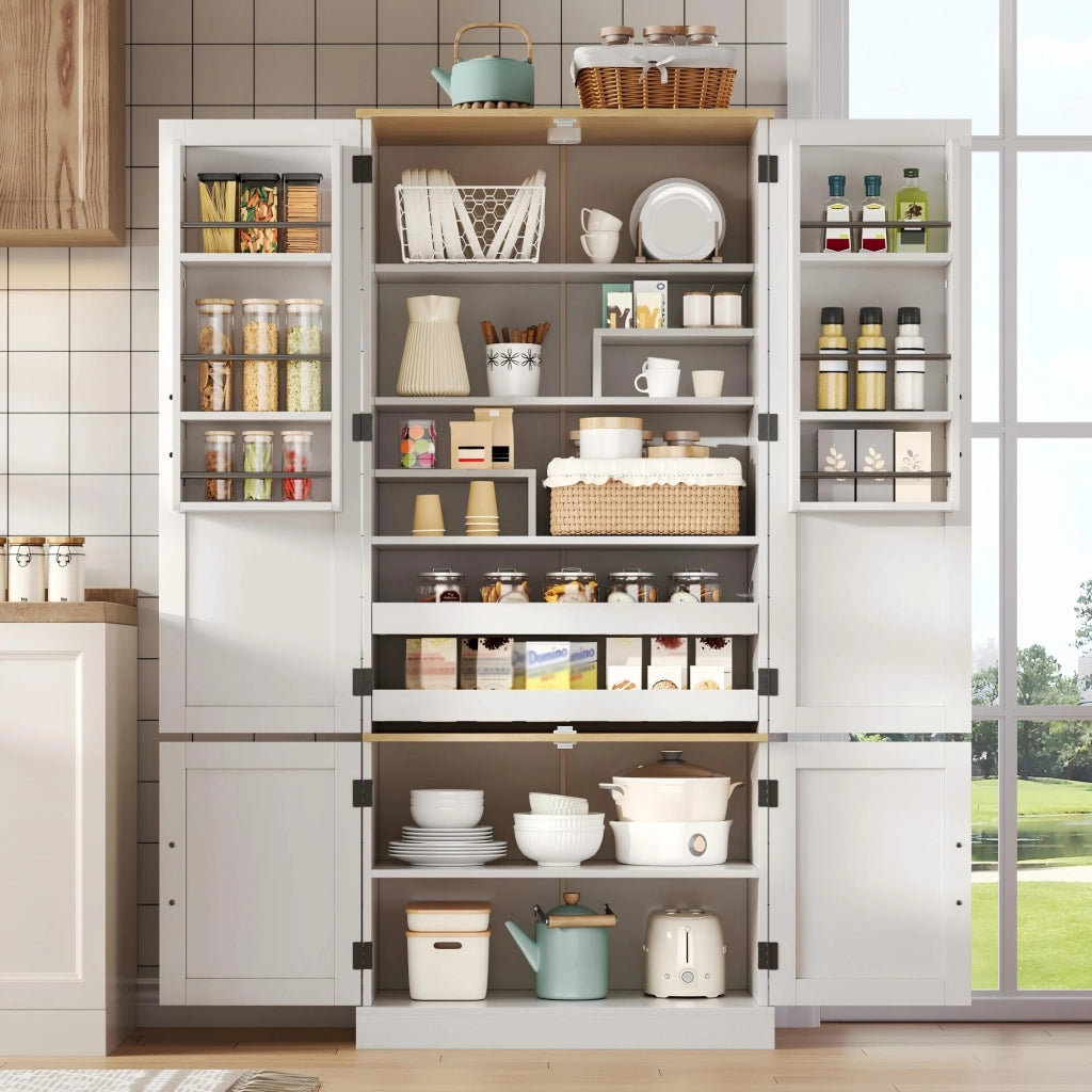 Dispensa alta con 3 ripiani sulla porta, 2 cassetti e luce con sensore per cucina in MDF bianco 80 × 40 × 180 cm