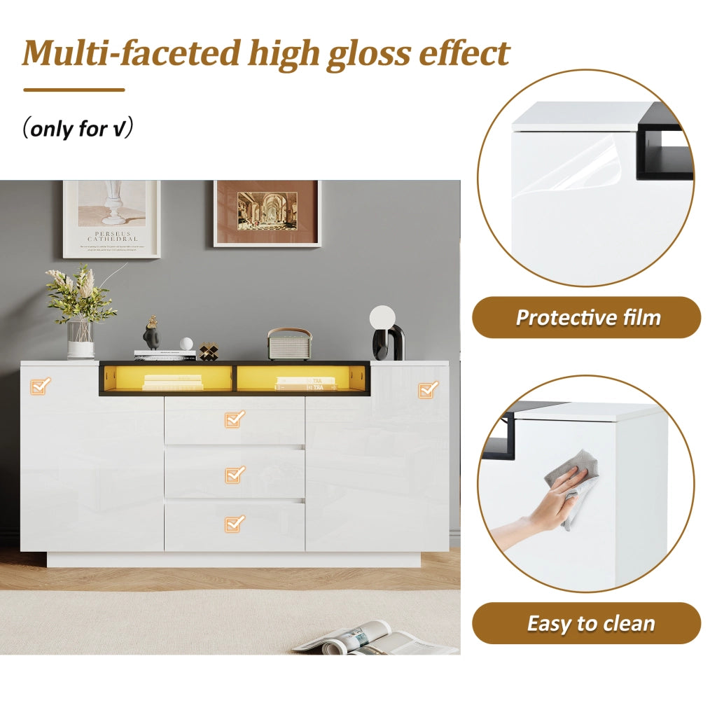 Credenza e madia con 2 ante, 3 cassetti, vani aperti e LED, per soggiorno, bianco e nero 140 × 40 × 68 cm
