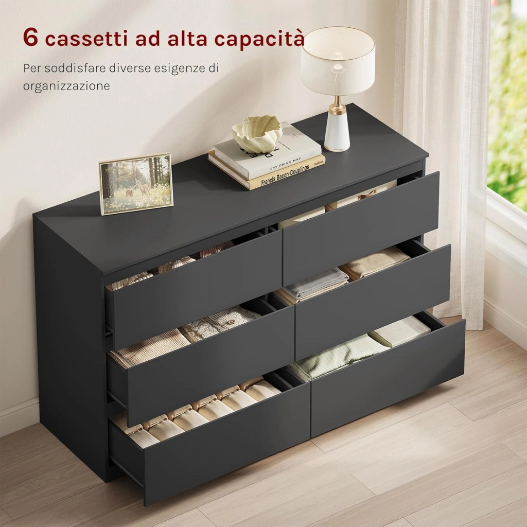 Cassettiera Camera da Letto, Mobile Ingresso con 6 Cassetti, Salvaspazio e Moderno per Soggiorno, Corridoio, in Legno, 120x40x75 cm, Nero