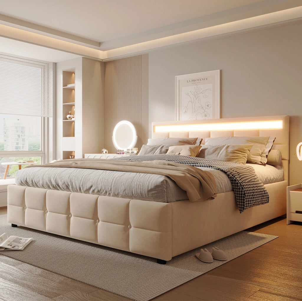 Letto imbottito 180x200 cm con LED; contenitore idraulico e rete a doghe; beige