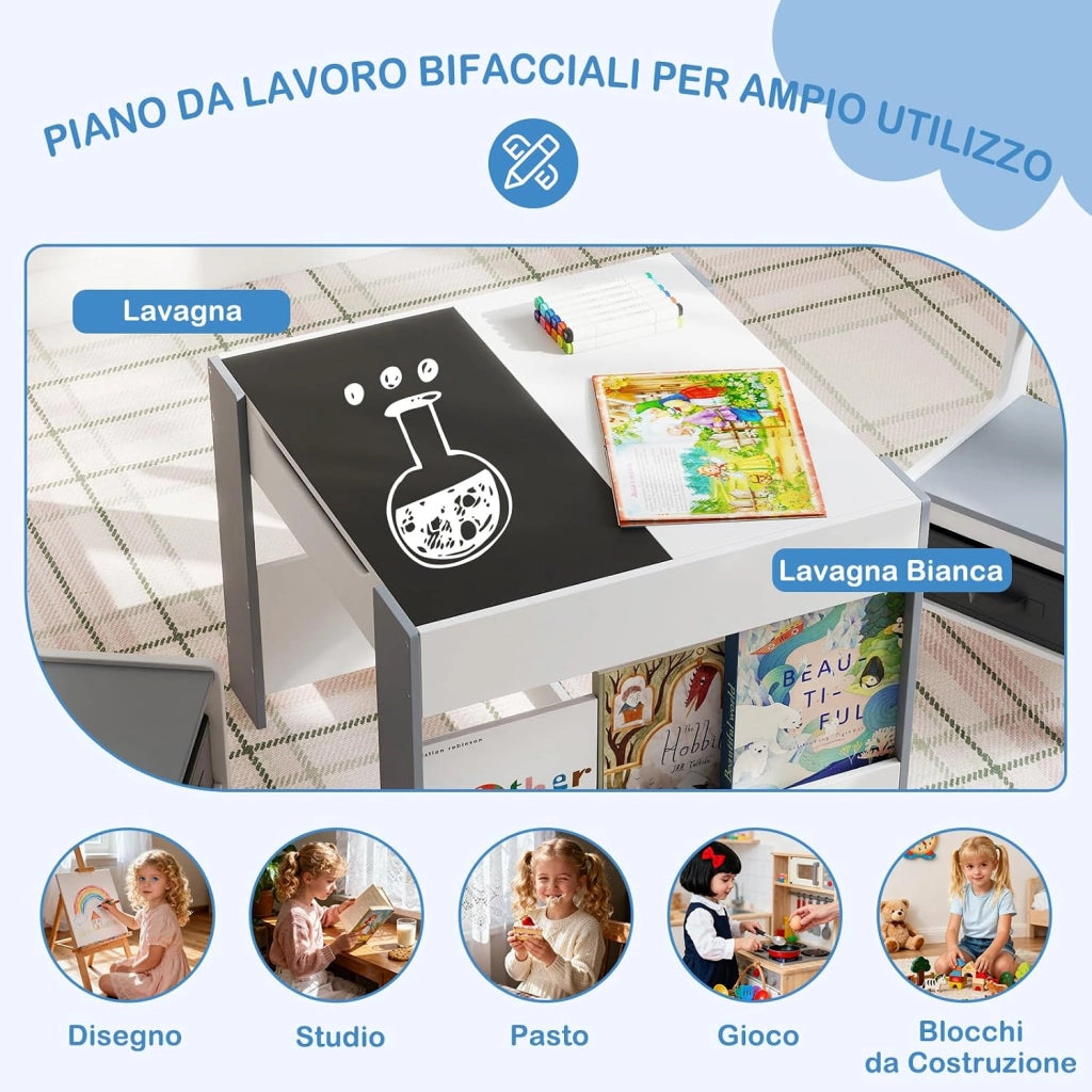 Set Tavolino Bambini con 2 Sedie per Bambini, Tavolo e Sedie 4 in 1 con Piano Doppa Faccia, Librerie Laterali e Scatola in Tessuto, Mobile Salvaspazio per Asilo e Cameretta (Grigio, Stile 2)