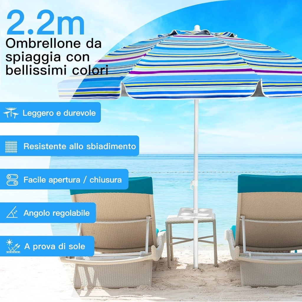 Ombrellone da Spiaggia 200 x 220 cm, Ombrellone da Mare con Inclinazione Regolabile, con Vassoio, 8 Stecche, Protezione UV, Impermeabile, Borsa di Trasporto (Blu)