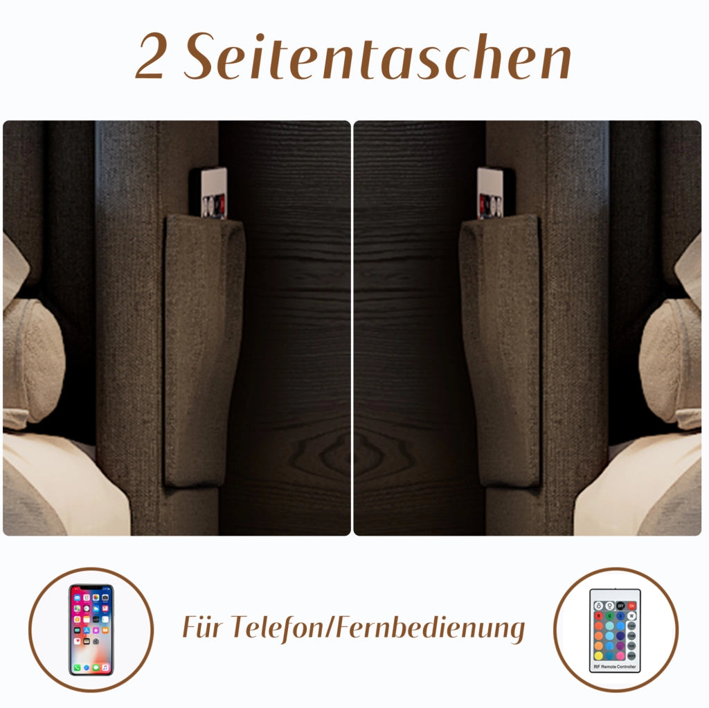 Letto matrimoniale 140x200 cm con materasso; LED; USB-C e 4 cassetti in cotone-lino grigio