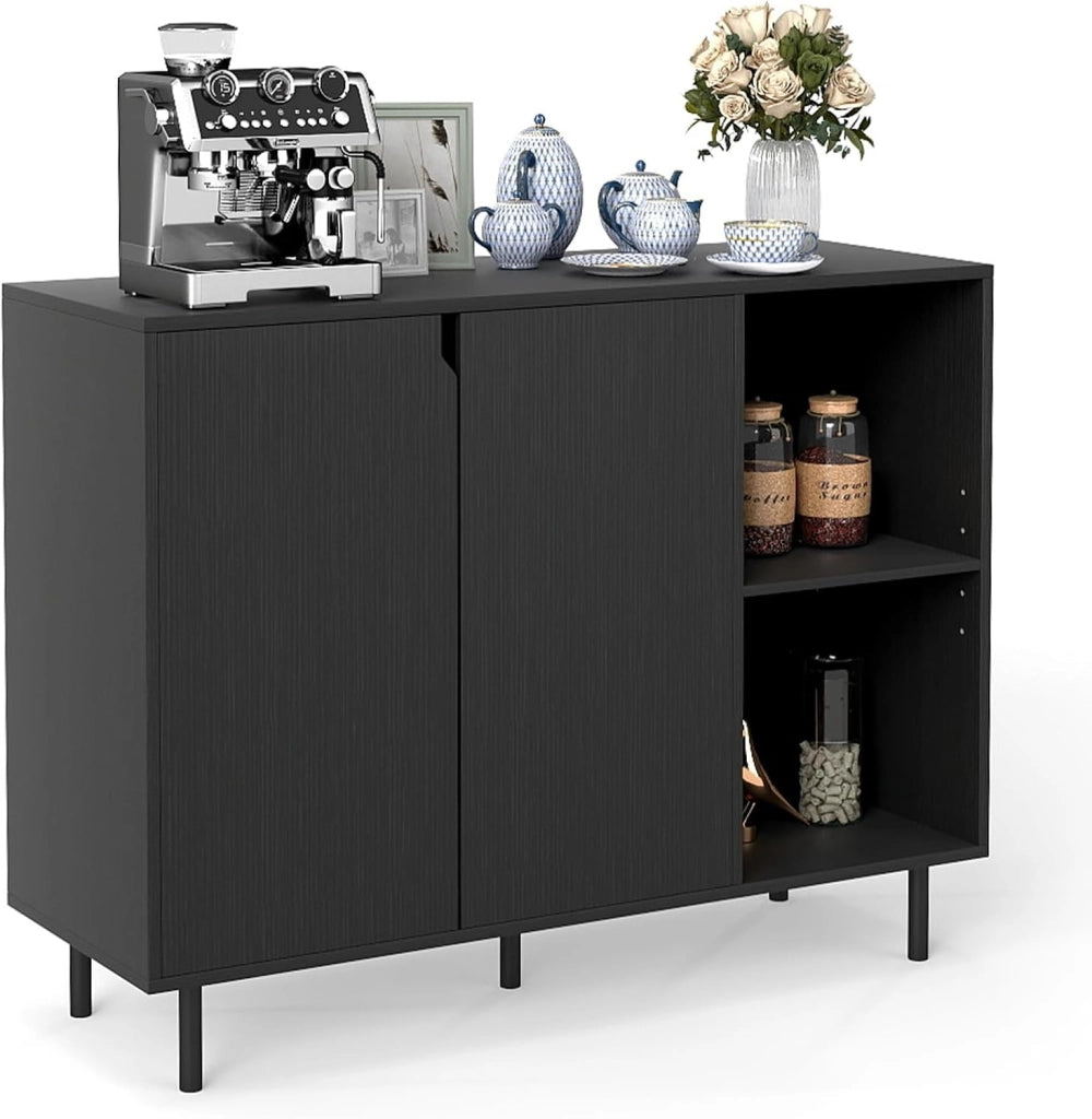 Credenza a buffet da cucina con 2 ante, armadio con ripiani regolabili e gambe metalliche, 106 x 38 x 80 cm, con kit antiribaltamento, mobile per sala da pranzo, soggiorno (nero)