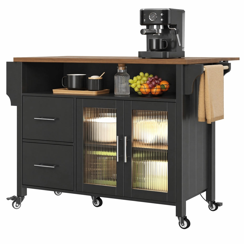 Carrello da Cucina con 2 Cassetti; Anta in Vetro; LED; Portasciugamani e Ruote per Cucina 139×40×94 cm