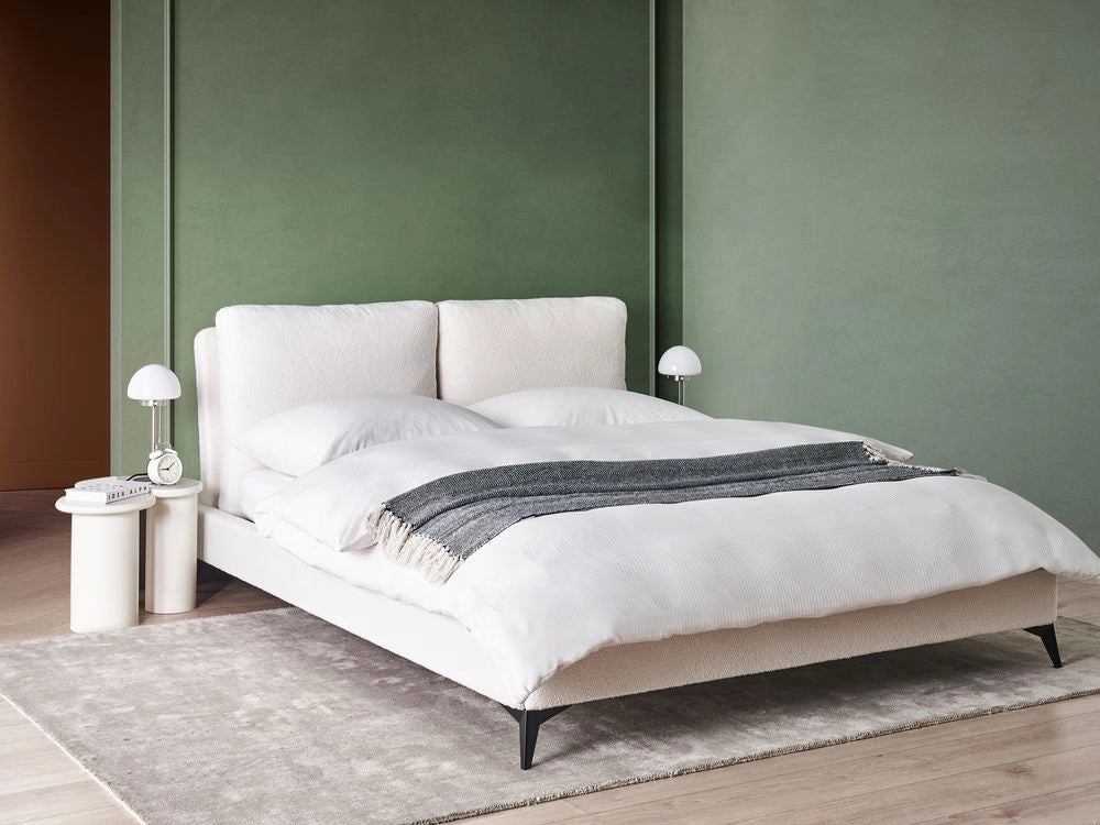 Letto matrimoniale imbottito in bouclè bianco 160 x 200 cm con rete a doghe stile moderno
