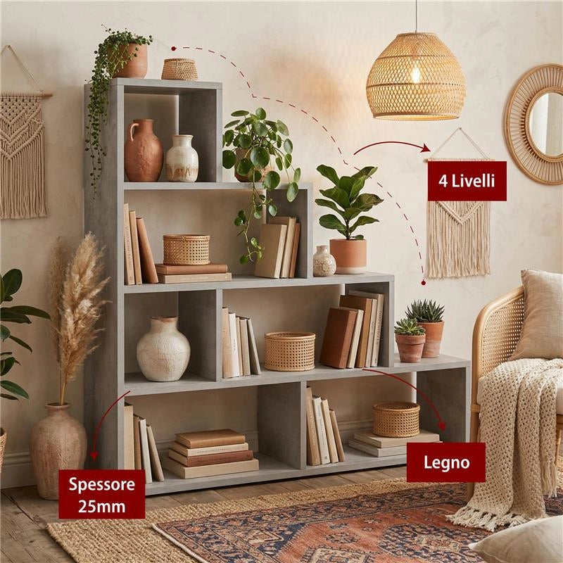 SCAFFALE A LIBRERIA DI DESIGN A SCALA L IN LEGNO DIMENSIONI 144X150X38 CM, COLORE CEMENTO