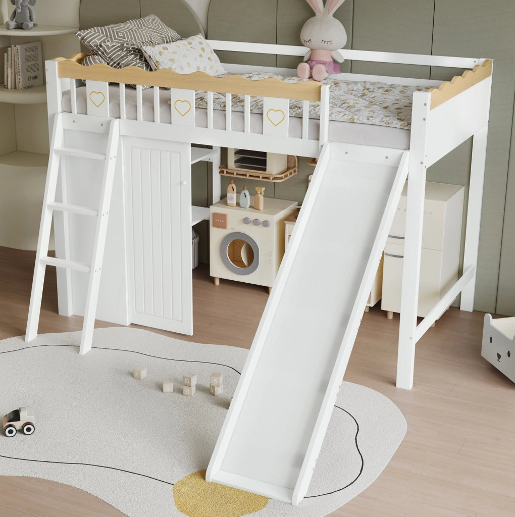 Letto a soppalco per bambini 90x200 cm con scivolo; armadio e mobile contenitore; bianco e naturale