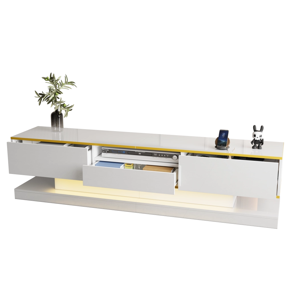 OKWISH Mobile TV con 3 Cassetti e 1 Vano Aperto, LED Multicolore, Finitura Lucida, per Soggiorno, 180 x 38 x 45 cm