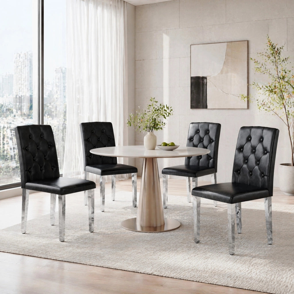 Sedia da pranzo Set da 4 con schienale capitonné in PU nero e gambe in metallo argento