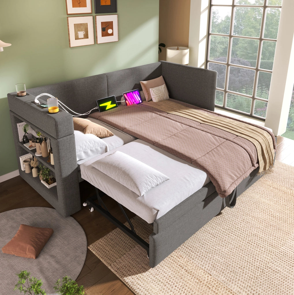 Daybed estraibile 90x200 cm grigio con USB-C e portabicchieri