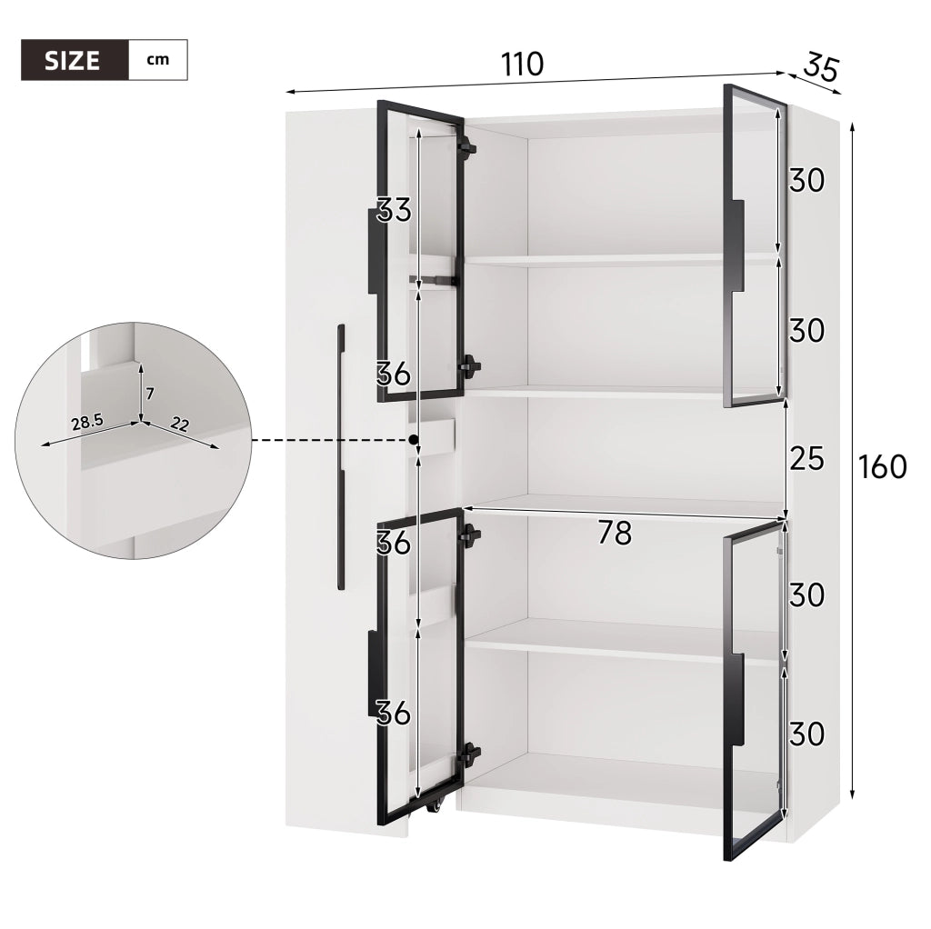 Vetrina moderna 110x35x160 cm bianca in MDF con LED a colori; ripiani estraibili e anta in vetro