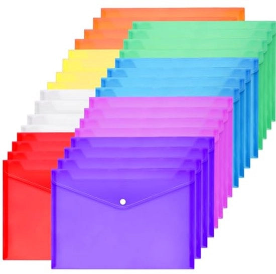 Documenti A4, confezione da 32 mappe documenti A4 per archiviazione, borsa con cerniera, 8 colori tasche trasparenti A4, borsa documenti trasparente, mappe documenti impermeabili per l'organizzazione dei documenti