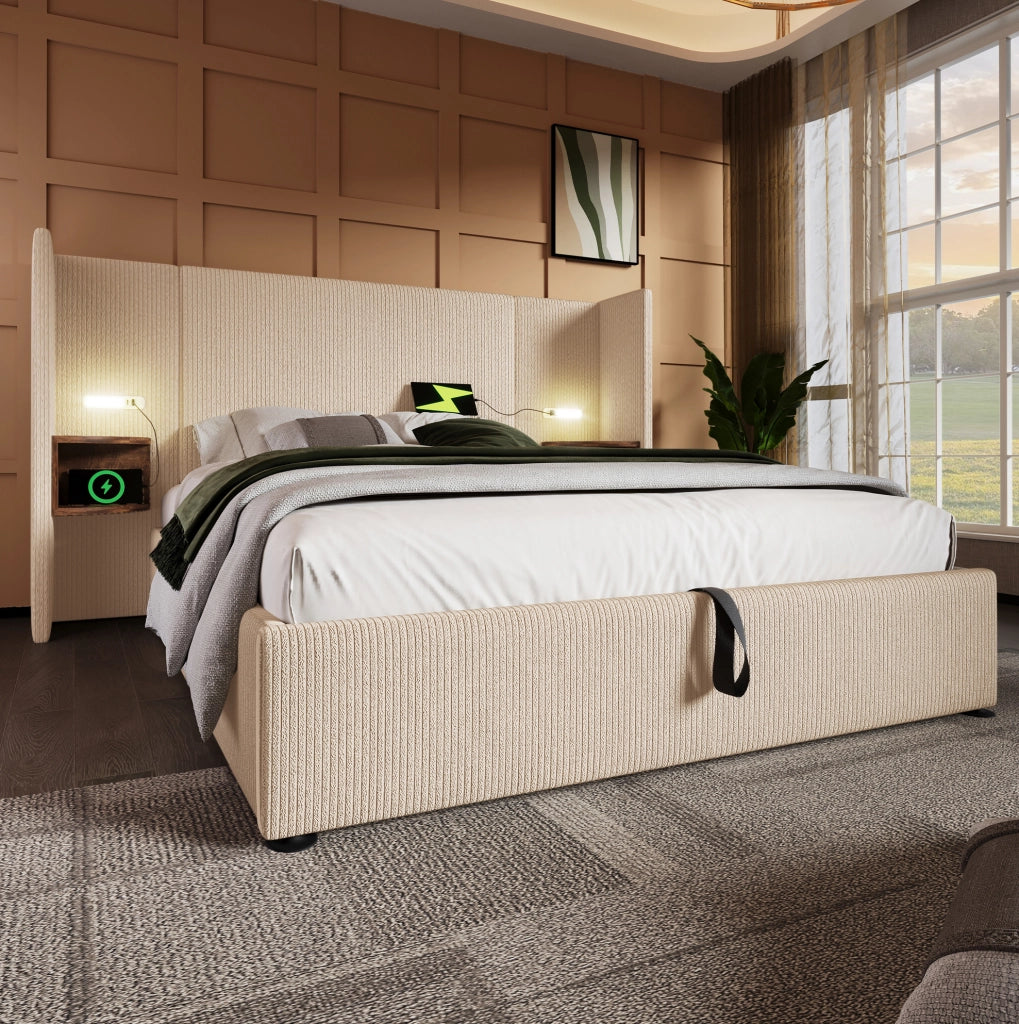 Letto matrimoniale contenitore 160x200 cm con testiera; luce LED; USB e Type-C; beige-bianco in tessuto a coste con materasso