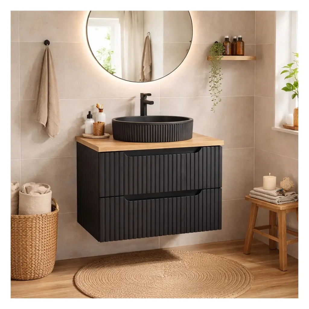 Set bagno VANO 80cm: mobile sottolavabo con cassetti in nero opaco scanalato + piano per lavabo in aspetto rovere chiaro