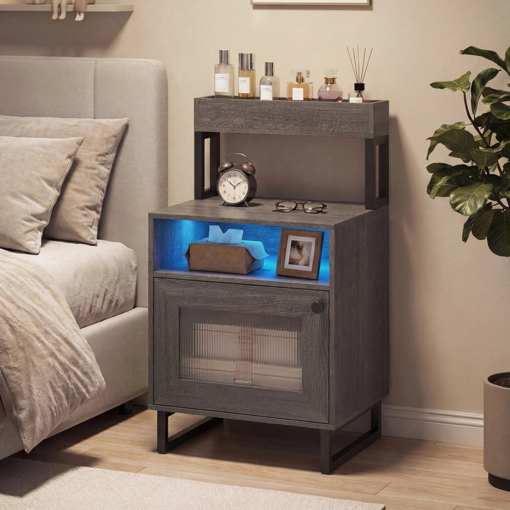 Comodino luci led vassoio superiore scomparto aperto armadio-Tavolino da notte  metallo resistente tavolino notte soggiorno camera letto Grigio