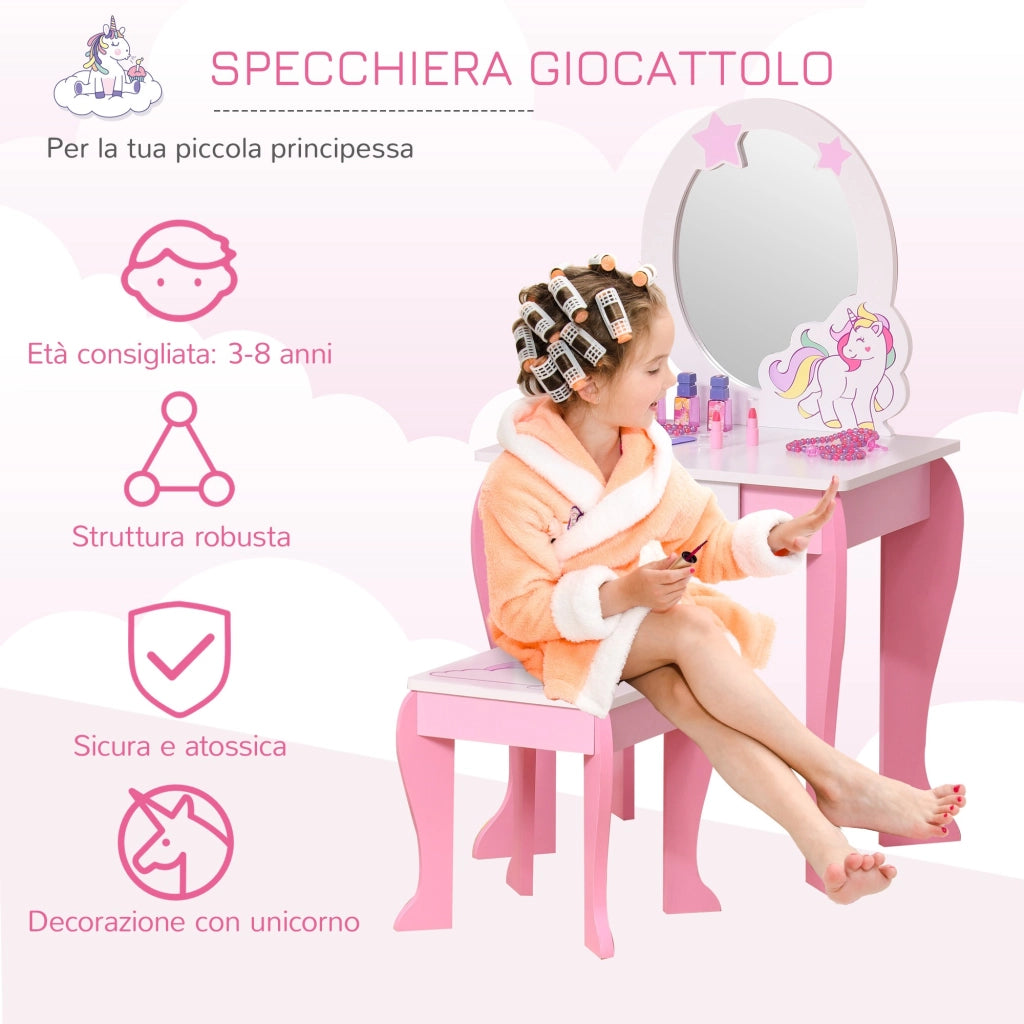 EasyComfort Specchiera Giocattolo con Cassetto e Sgabello Gioco Bambine 3-6 Anni