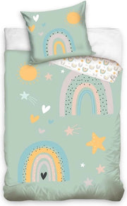 Copriletto per letto bambino, 135 x 200, 80 x 80 cm, arcobaleno, sole, stelle, 100% cotone, chiusura a righello, morbido, per bambine e bambini