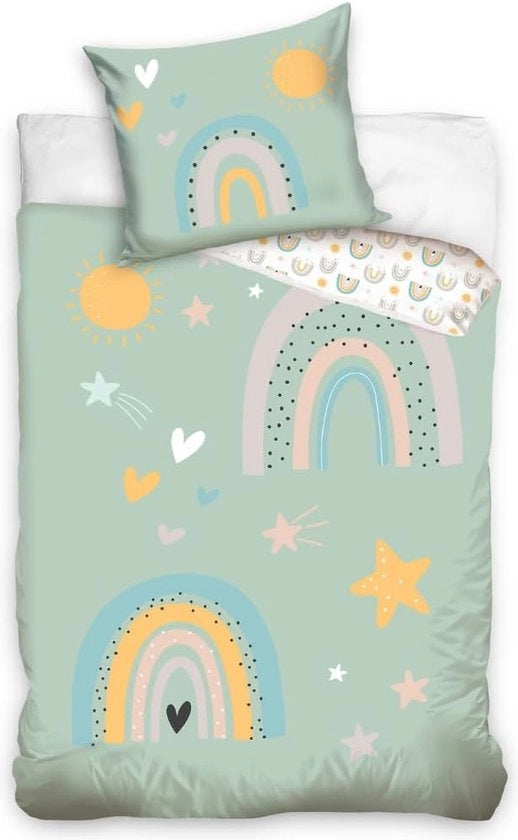 Copriletto per letto bambino, 135 x 200, 80 x 80 cm, arcobaleno, sole, stelle, 100% cotone, chiusura a righello, morbido, per bambine e bambini